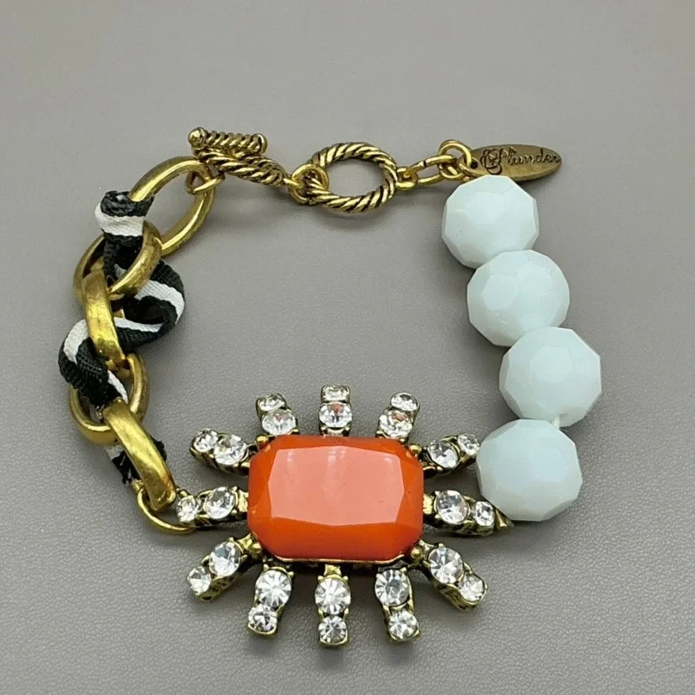 Plunder Bracelet Womens Gold Tone Orange White Black Beaded Rhinestone 8